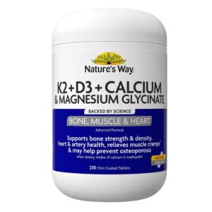Nature's Way K2 + D3 + Calcium & Magnesium Glycinate 200 Tablets - Bone, Muscle & Heart Support