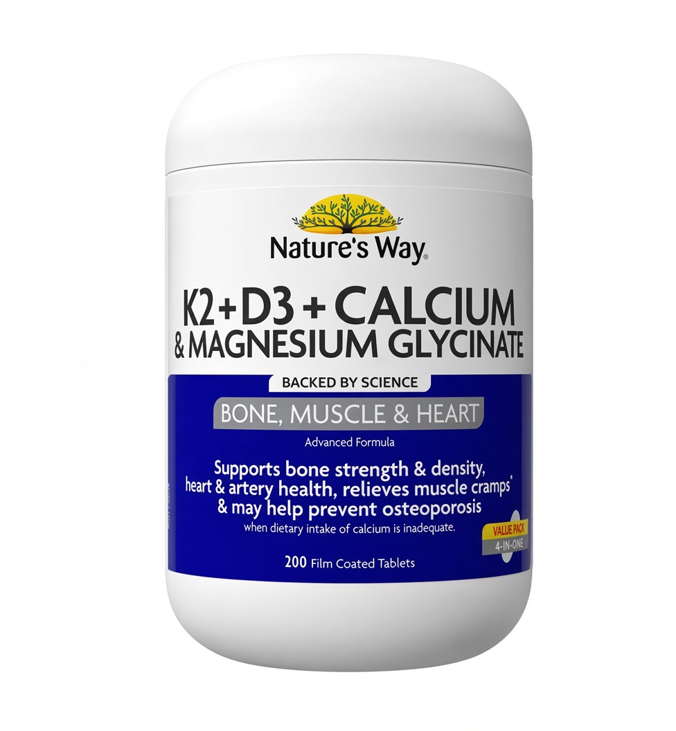 Nature's Way K2 + D3 + Calcium & Magnesium Glycinate 200 Tablets - Bone, Muscle & Heart Support