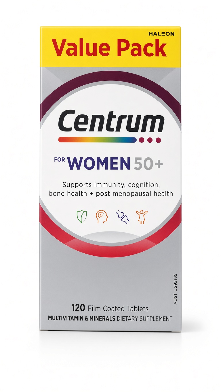 Centrum for Women 50+ Value Pack 120 Tablets - Multivitamin for Immunity, Cognition, Bone & Post Menopausal Health